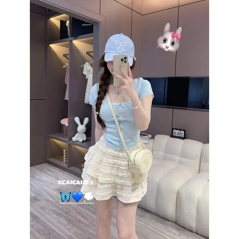 【芭比很忙】法式纯欲风蝴蝶结刺绣短袖上衣★6607