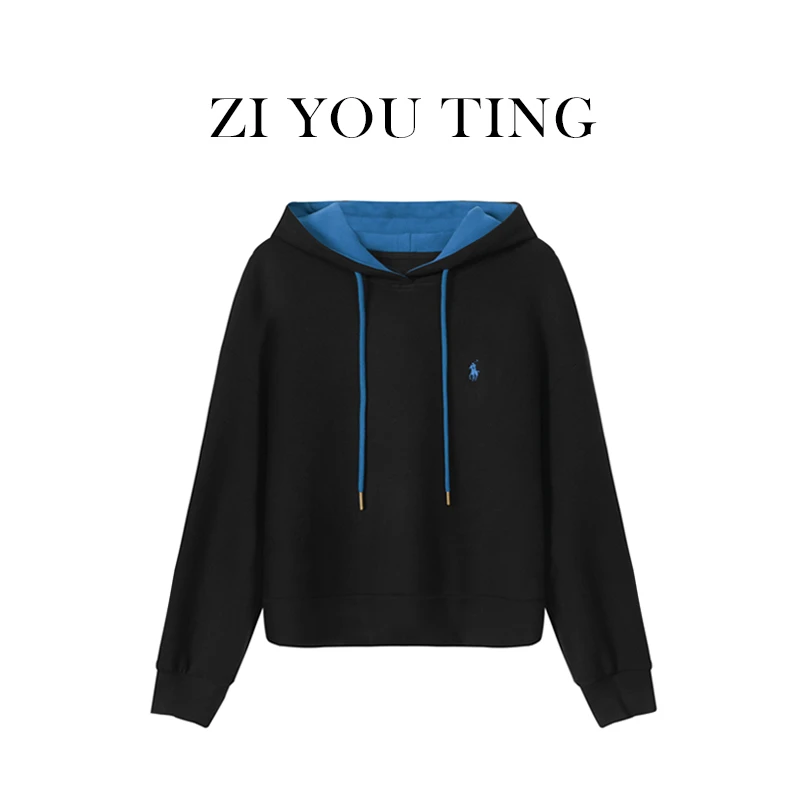 加厚款磨毛刺绣卫衣女秋冬新款时尚拼色连帽套头宽松上衣0685