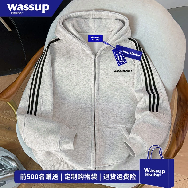 WASSUP HSUBE 美式原创字母印花条纹拼接外套秋冬ins百搭开衫卫衣