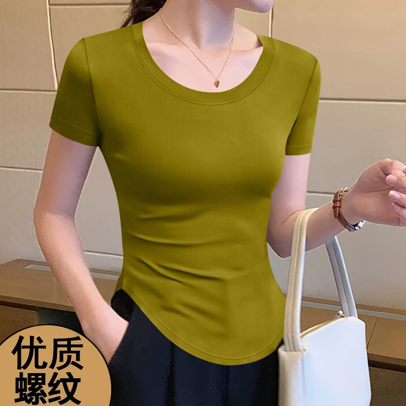 2025新款洋气优质螺纹不规则短袖女款个性欧货潮流极简纯色T恤衫