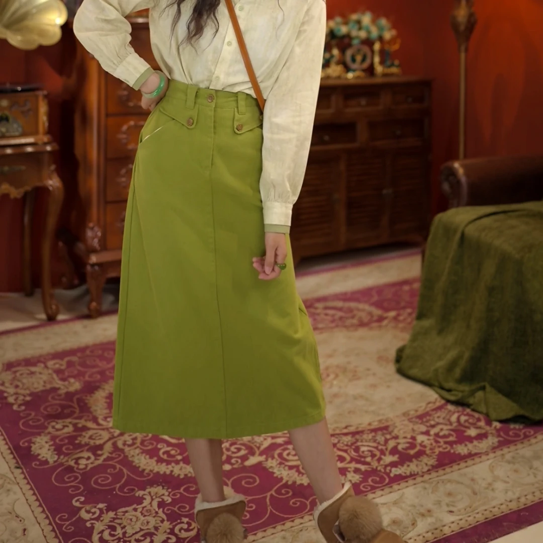 扣子家【山间鹿鸣】港风复古高腰半身裙中长款a字包臀裙KP012422