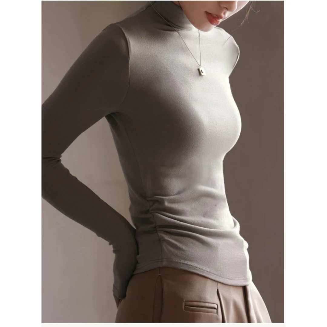 简约显瘦莫代尔半高领纯色打底衫女秋冬小蛮腰内搭褶皱长袖t上衣