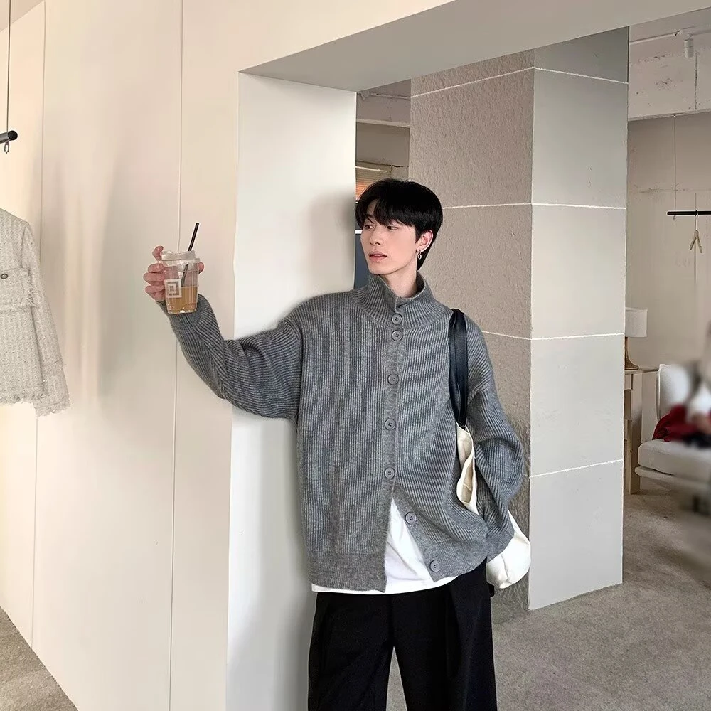 简约外套男士港风复古高级慵懒毛衣外套立领针织衫潮流风宽松休闲