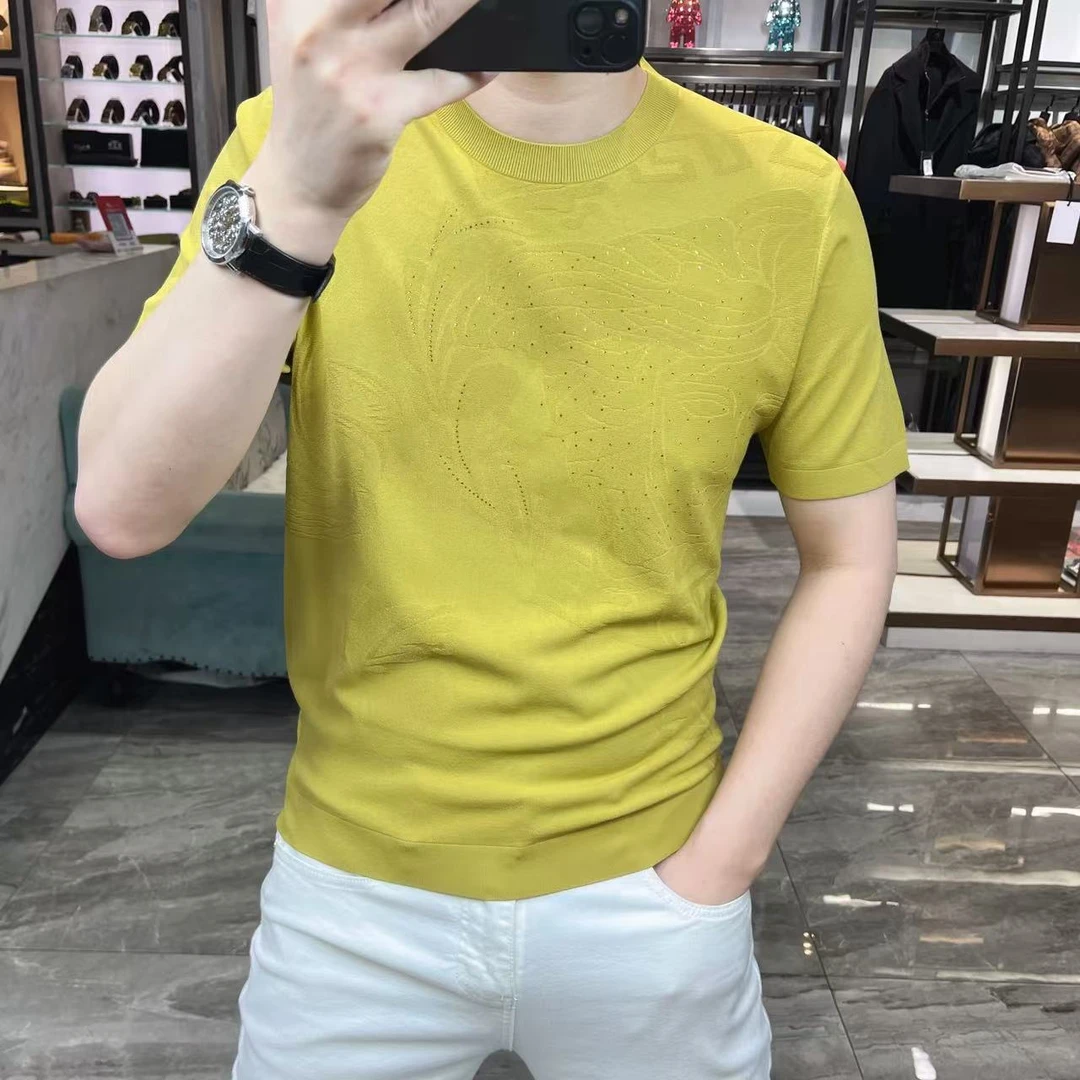 夏季短袖T恤男修身针织冰丝伊力特半袖烫钻提花品质男装欧货25089