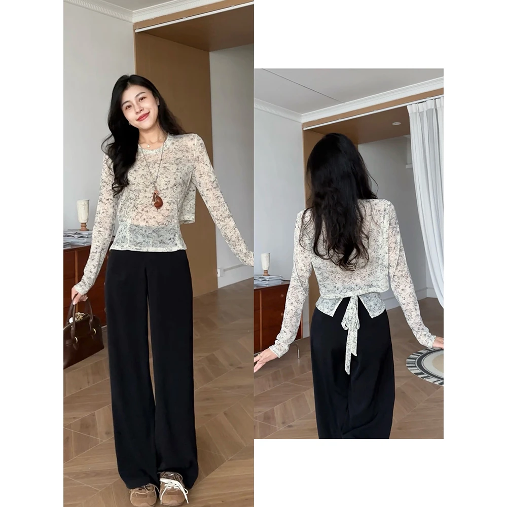 张阿星【浪漫香颂】气质通勤镂空收腰扎染碎花透纱上衣+垂感直筒裤