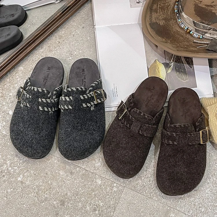 复古时尚百搭毛呢软底勃肯鞋2025新款秋冬保暖女款懒人包头半拖鞋