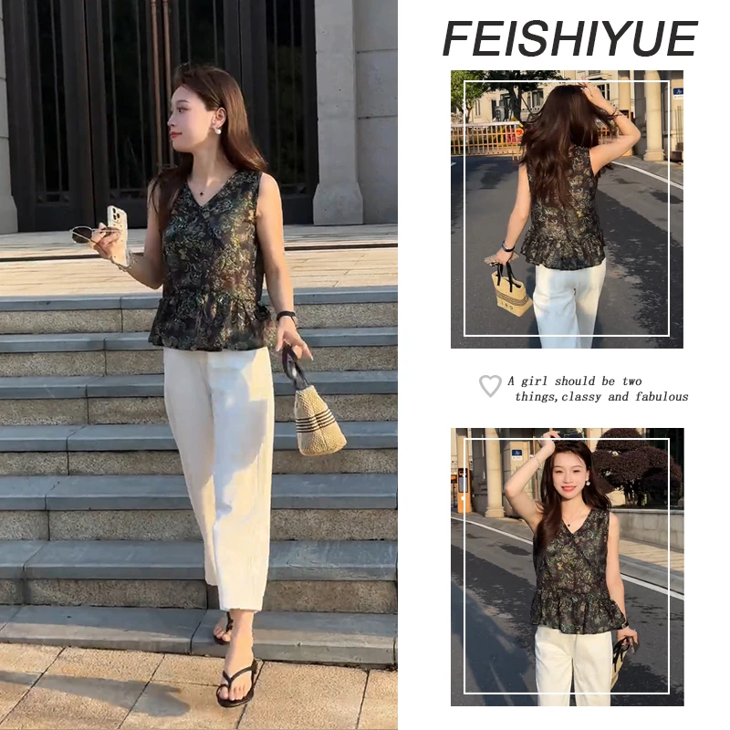 2025夏季穿搭一整套女新款韩版复古V领无袖上衣百搭休闲裤两件套
