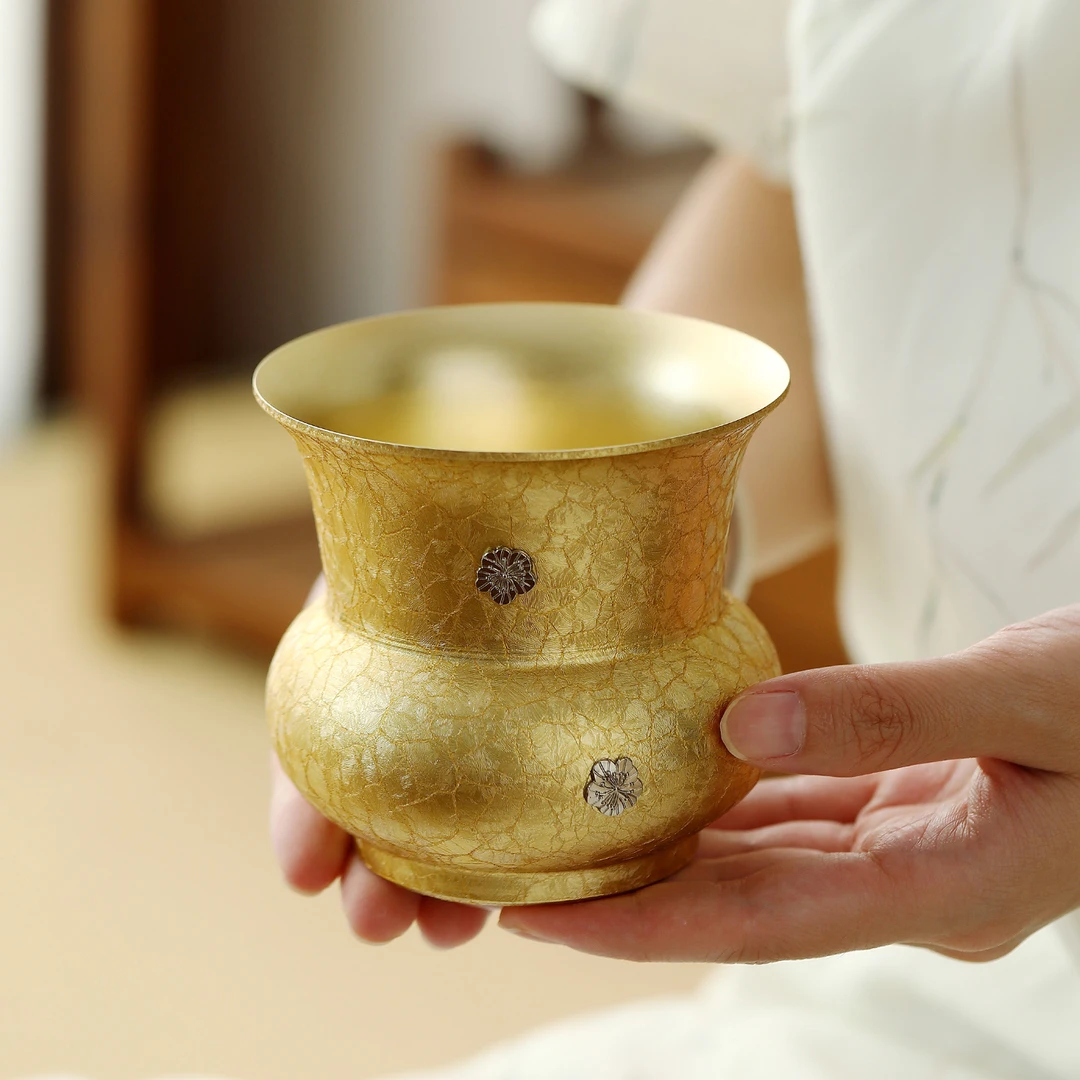 黄铜龙鳞金茶缸茶渣废水桶笔洗家用大冰花建水茶杯茶高档茶具中式