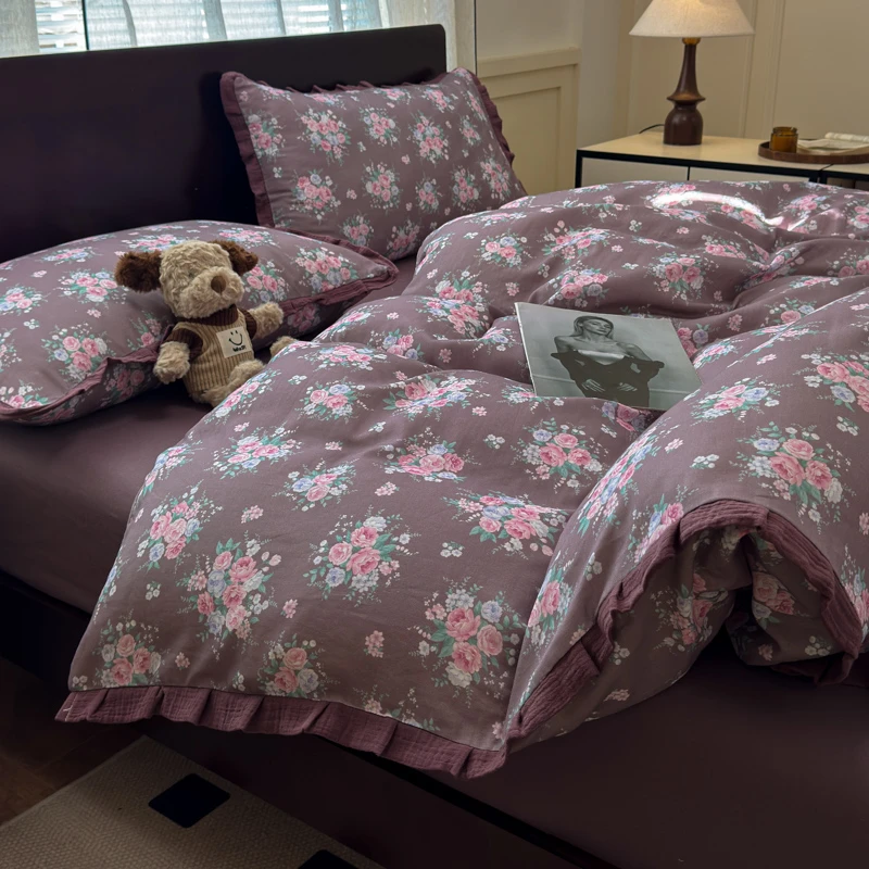 A类豆蔻年华双层纱皱皱花边床上四件套纯棉100%全棉被套床单床笠