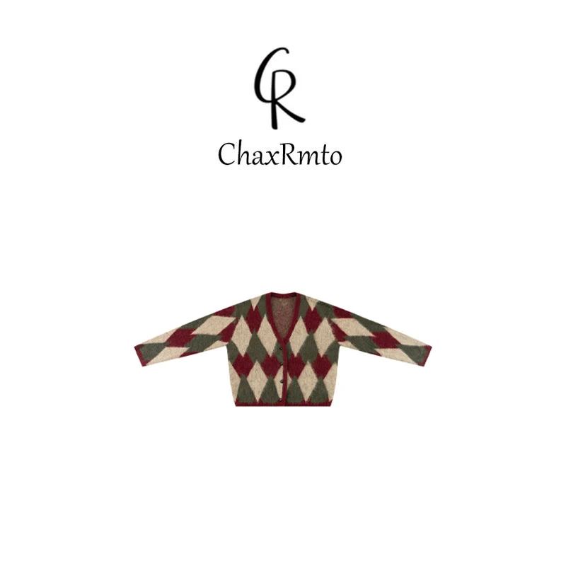 ChaxRmto 2024冬季慵懒风撞色V领单排扣针织开衫 斯斯CC2D2888