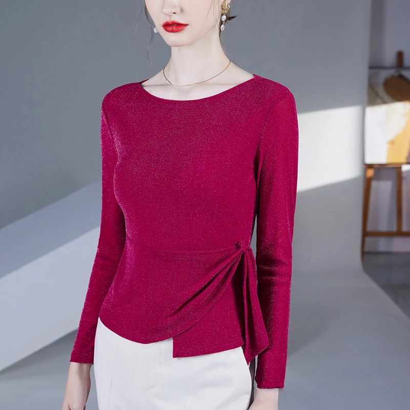 秋季新款不规则收腰遮肚女上衣圆领长袖T恤打底衫弹力网纱小衫t恤