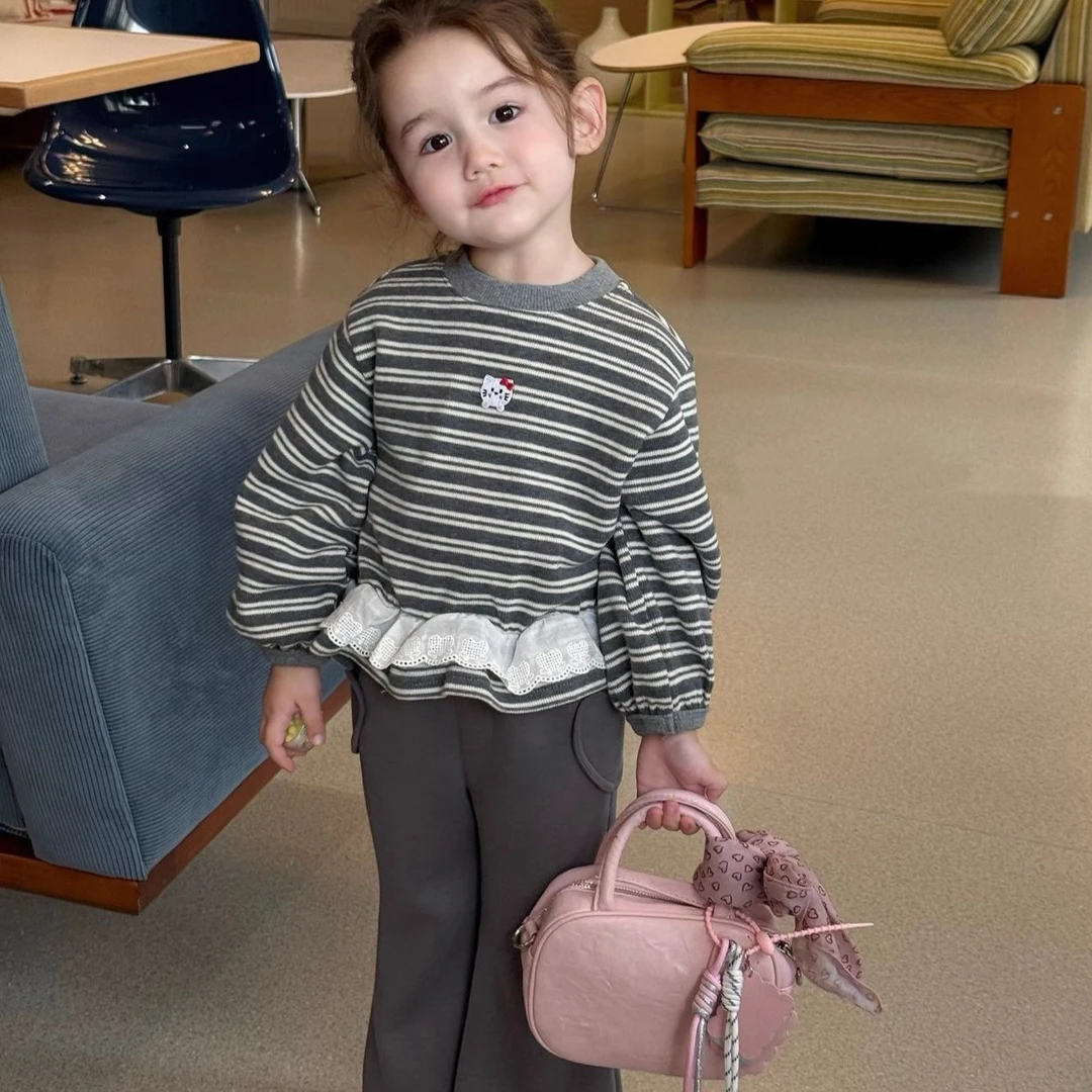 女童套装2025秋季新款韩版花边条纹卫衣儿童休闲两件套喇叭长裤