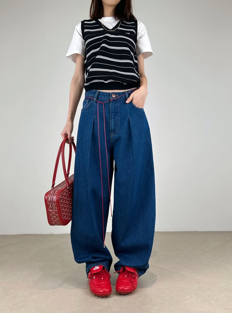 巴布00178牛仔裤女2025秋季新款阔腿裤BK高腰普洗色拖地弯刀裤