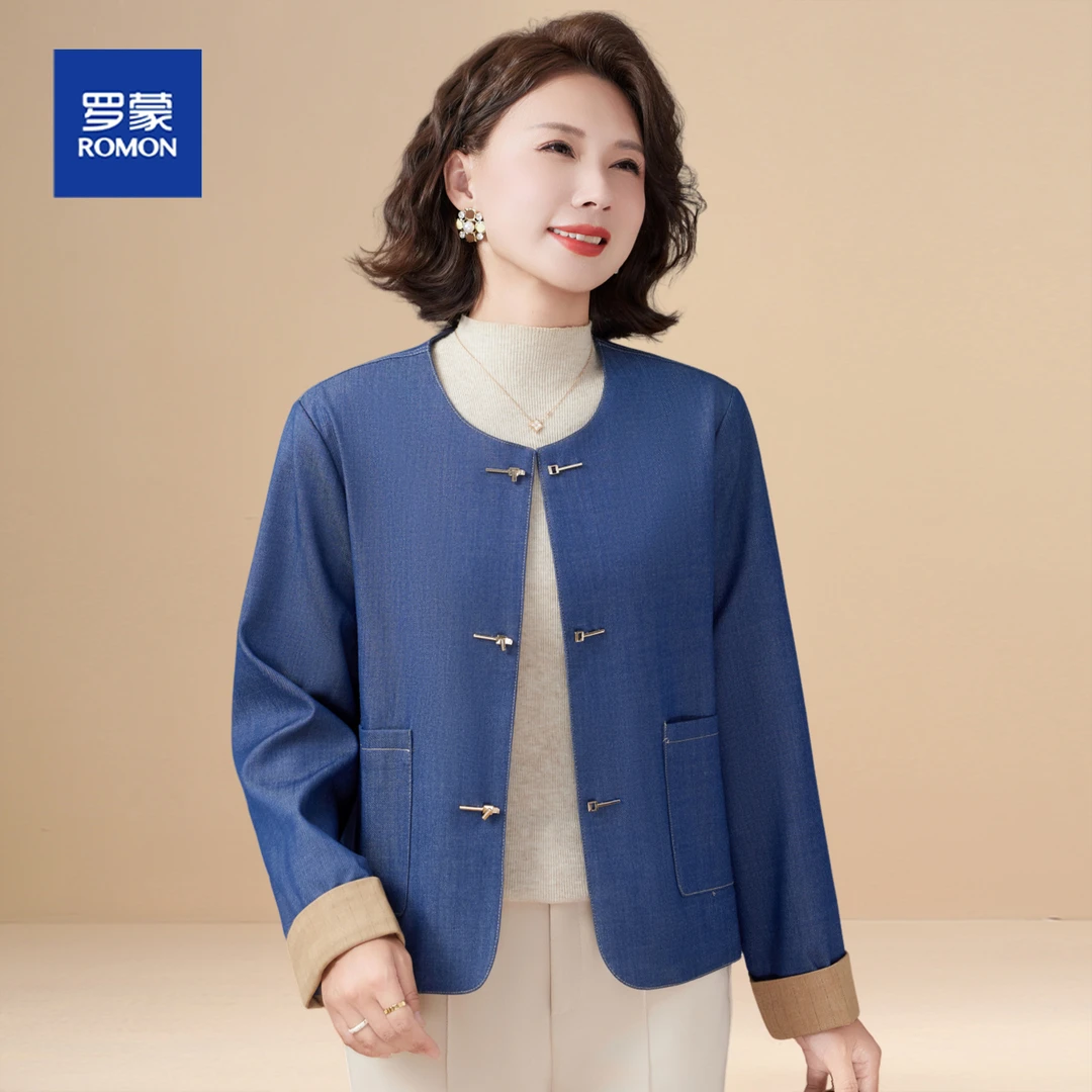 罗蒙小个子妈妈秋装外套短款牛仔夹克2025新款中老年女装春秋上衣