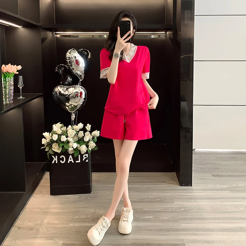 新款夏季休闲时尚两件套显瘦短袖领宽松蕾丝边女裤减龄短裤套装