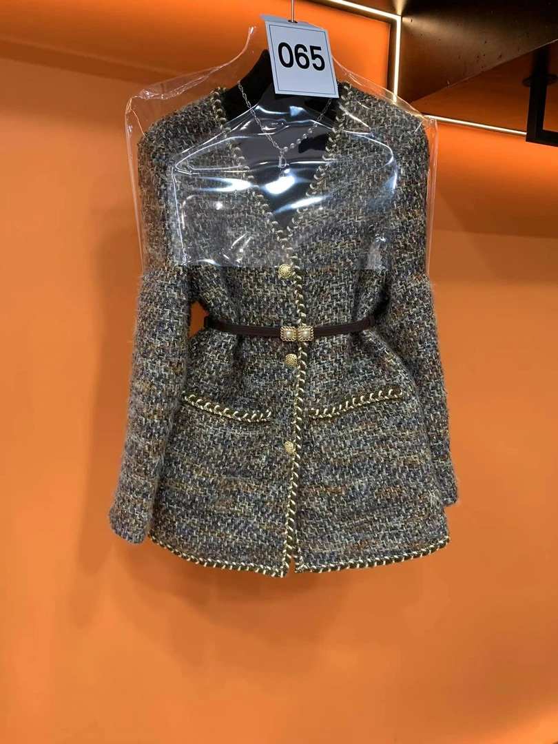 现货065中长款羊毛小香风外套女显瘦加厚加棉冬款上衣送腰带