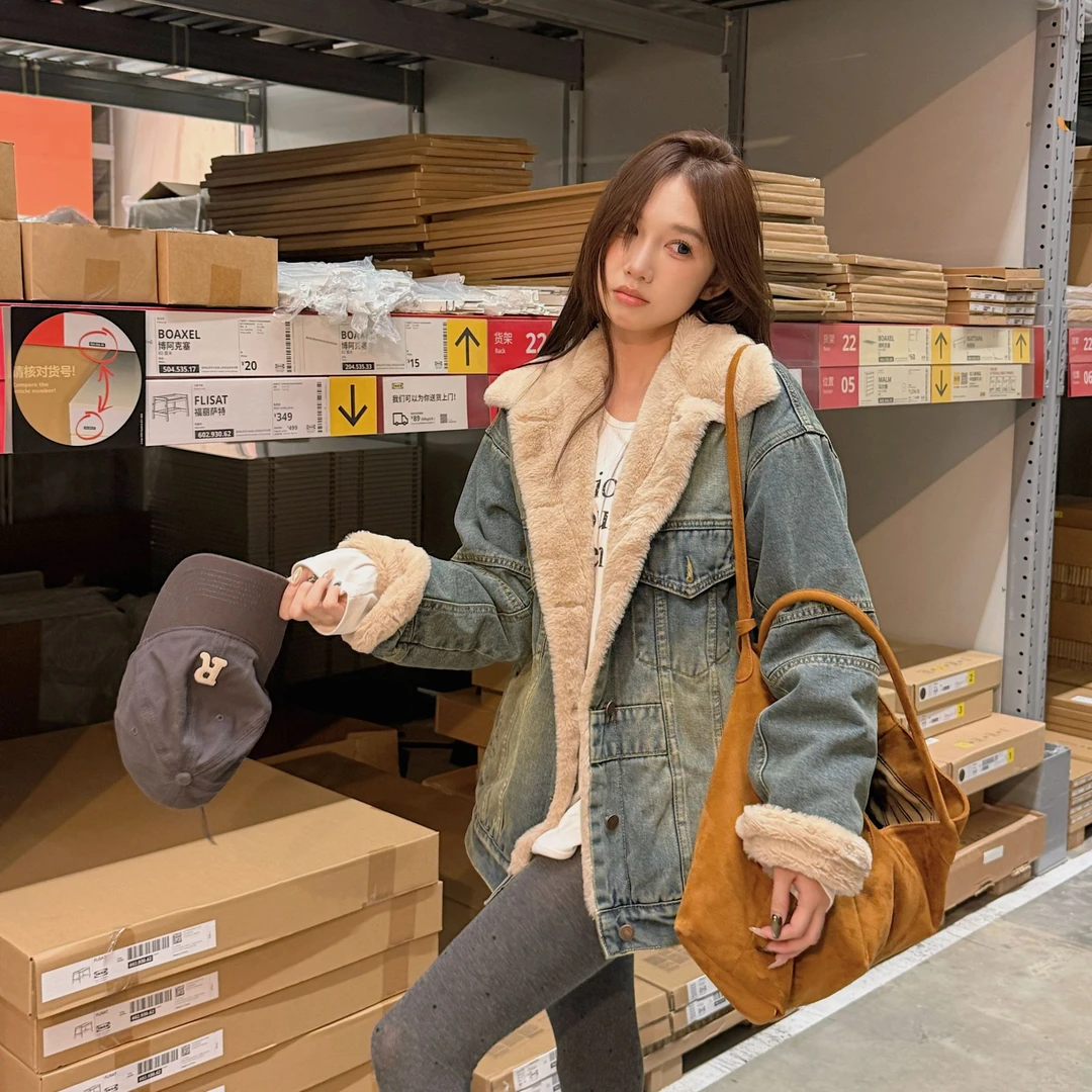 冬季复古拼接加绒牛仔外套女冬季新款宽松学院风痞帅情侣棉衣