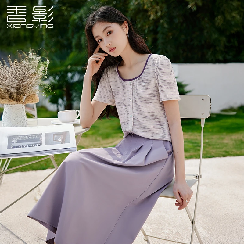 T85S437 T恤 香影无序色织条纹T恤女短袖夏季新款蝴蝶结正肩上衣