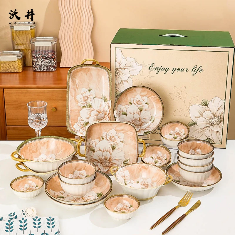 【山茶花21件套】沃井陶瓷釉下彩耐高温工艺好物餐具套装易清洗