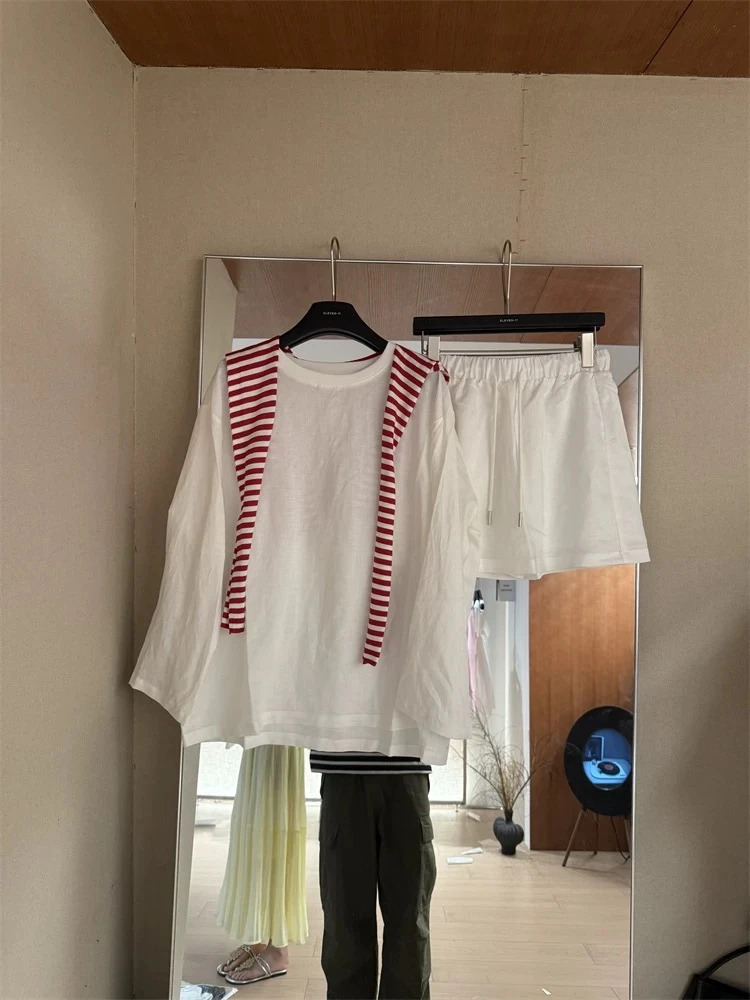 韩系松弛有度极简套装夏季亚麻慵懒风宽松长袖半身裙两件套