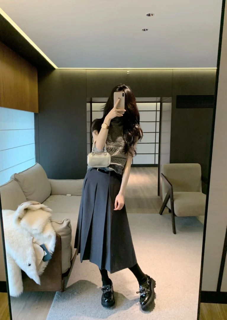 2026春季新款费尔岛高领短袖毛衣女复古提花针织慵懒风上衣半身裙