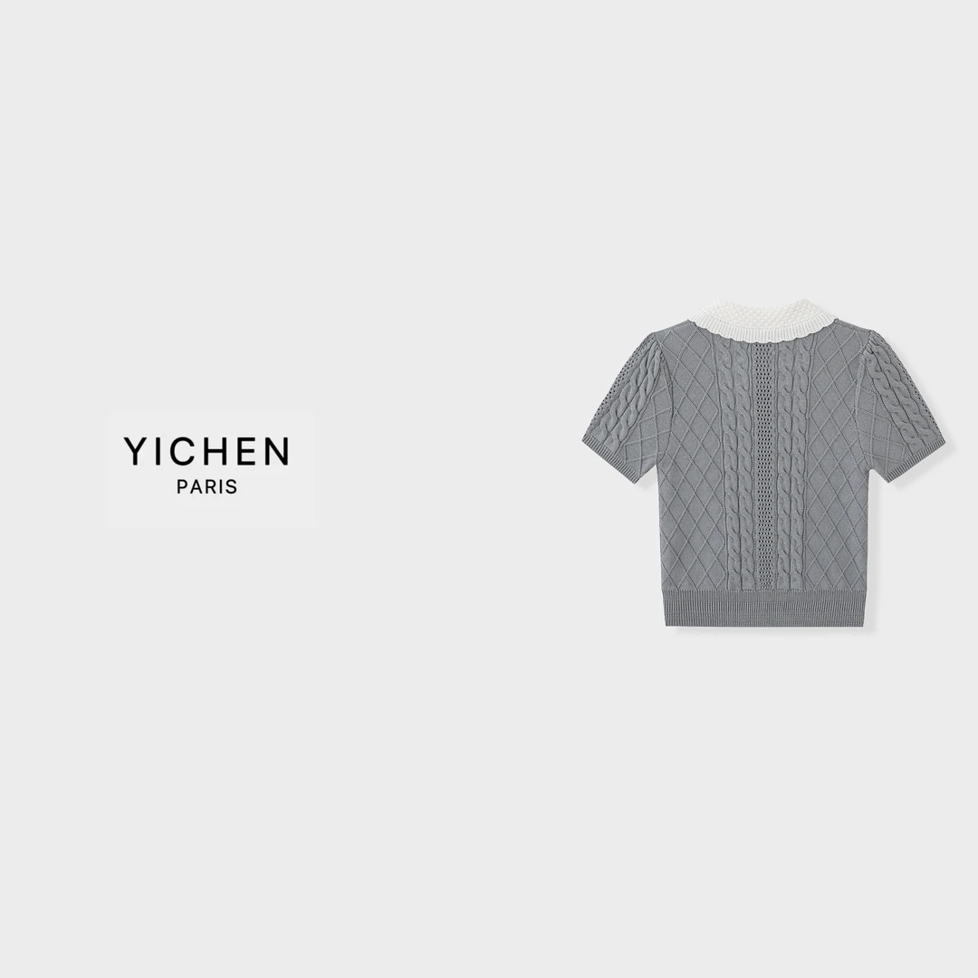 YC 甜美风重工蝴蝶结装饰立体绞花翻领针织短袖-6171
