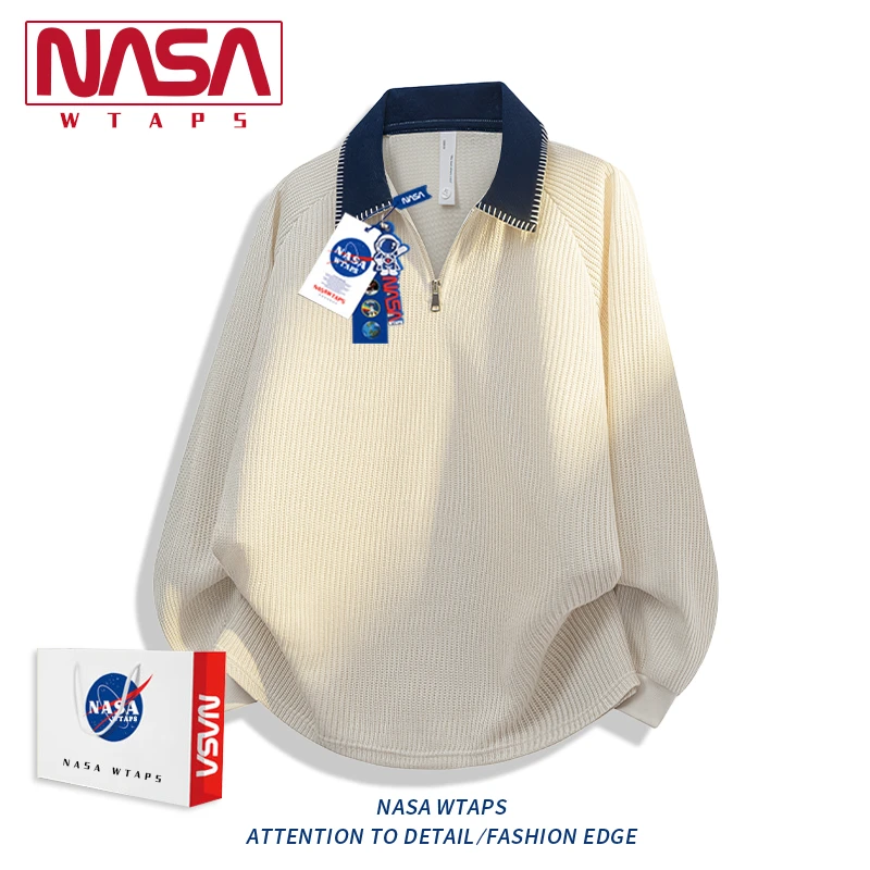 NASA WTAPS秋季老钱风拼色长袖POLO衫男新款慵懒风半拉链翻领上衣