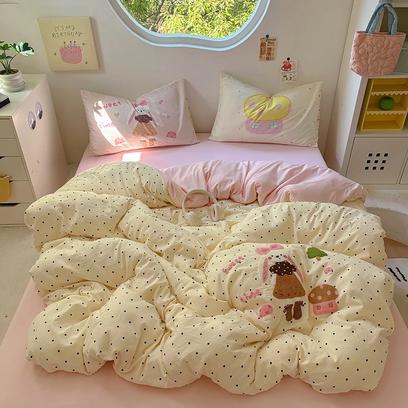 超柔两面用大版卡通毛巾绣小清新四件套三件套学生床上用品床笠款