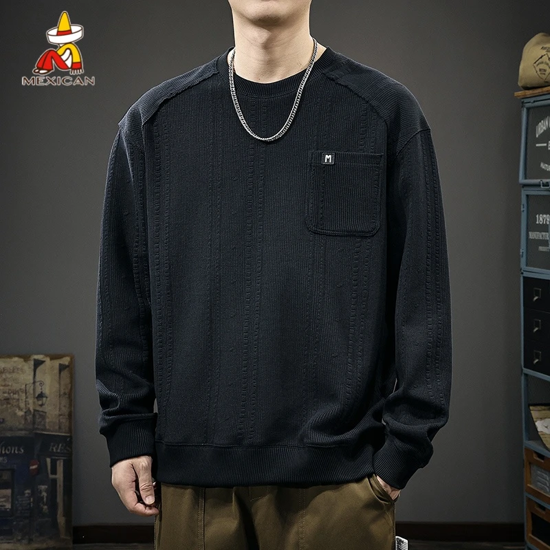 Mexican/稻草人秋季重磅肌理感卫衣男款美式宽松休闲圆领长袖上衣