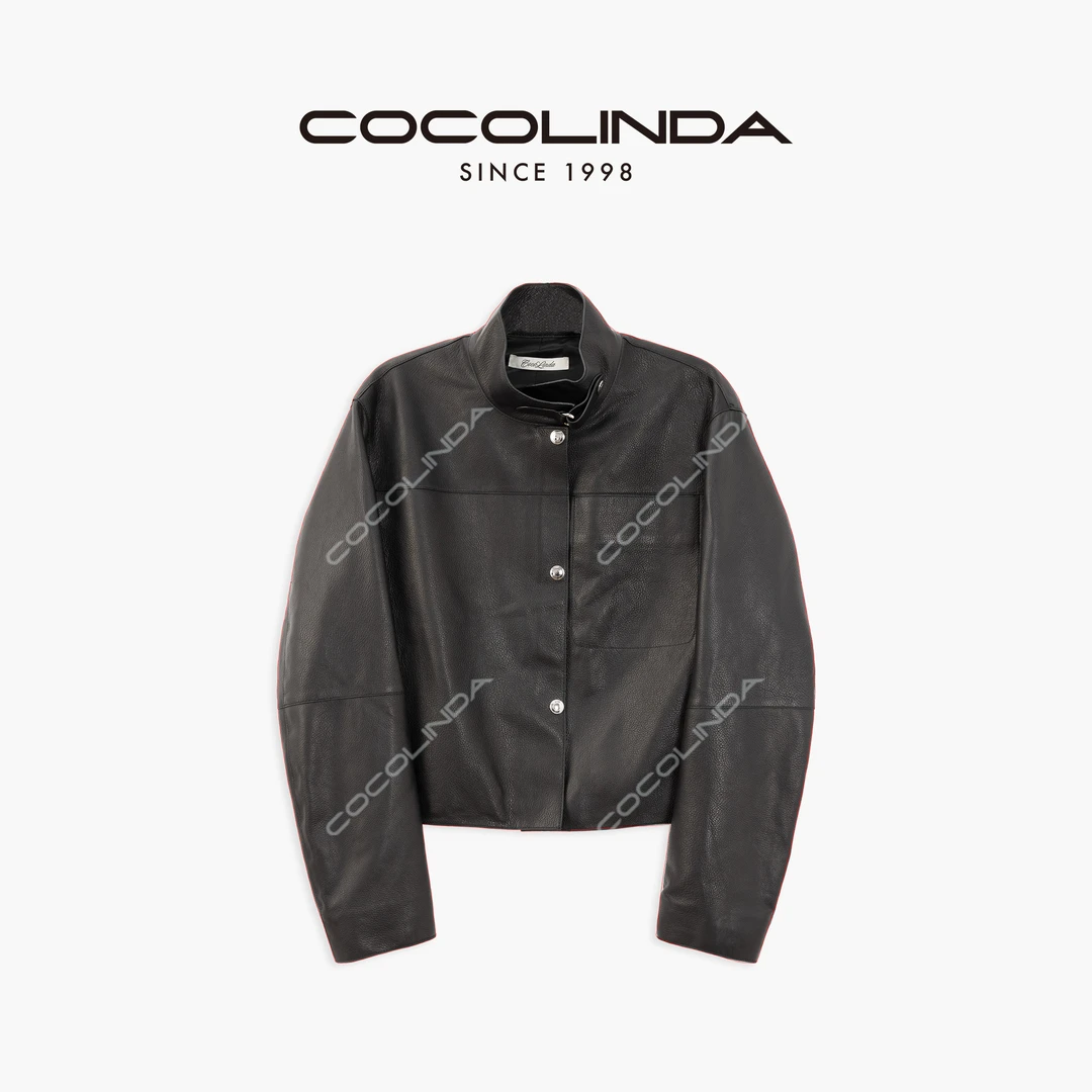 COCOLINDA | “100%羊皮老钱纹理立领银扣马术款短皮衣F5193