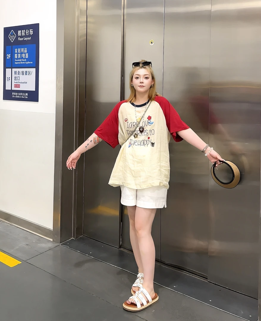 【FANFAN】夏日入场券-大码夏季圆领拼接撞色刺绣字母宽松短袖F0010