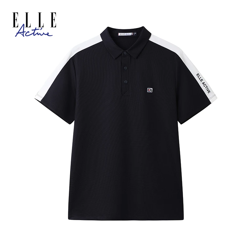 ELLE Active新款华夫格男短袖polo衫时尚撞色运动休闲翻领上衣