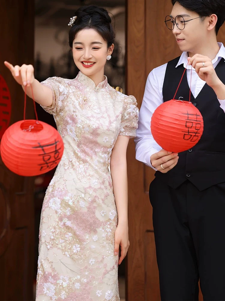 直播链接断码特价轻奢订婚晚礼服亮片粉色敬酒服新娘连衣裙旗袍