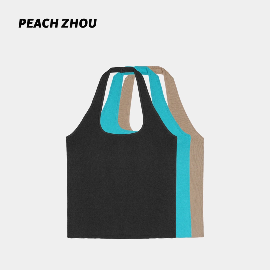 『PEACHZHOU』螺纹挂脖露背修身针织背心遮副乳纯欲气质吊带上衣女