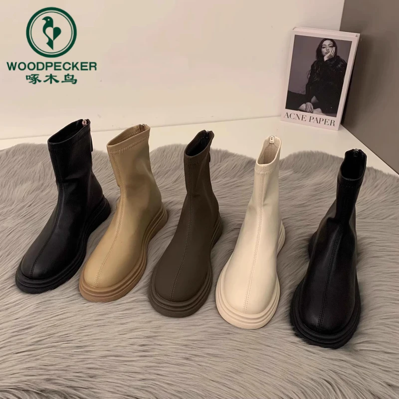 啄木鸟短筒靴女2024秋冬季新款时尚百搭复古显瘦细跟炸街瘦瘦靴潮