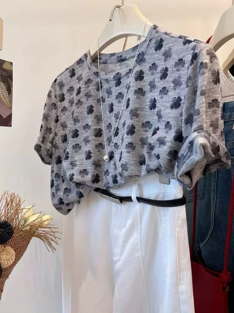 清仓福利·韩系洋气【幸运·四叶草】碎花百休闲圆领纯棉短袖25051