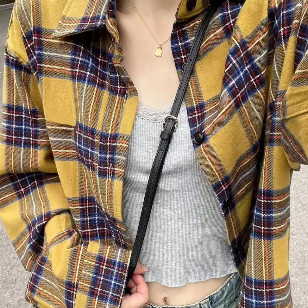 黄格时尚格子衬衫女秋季新款宽松情侣长袖衬衣休闲外套慵懒风上衣