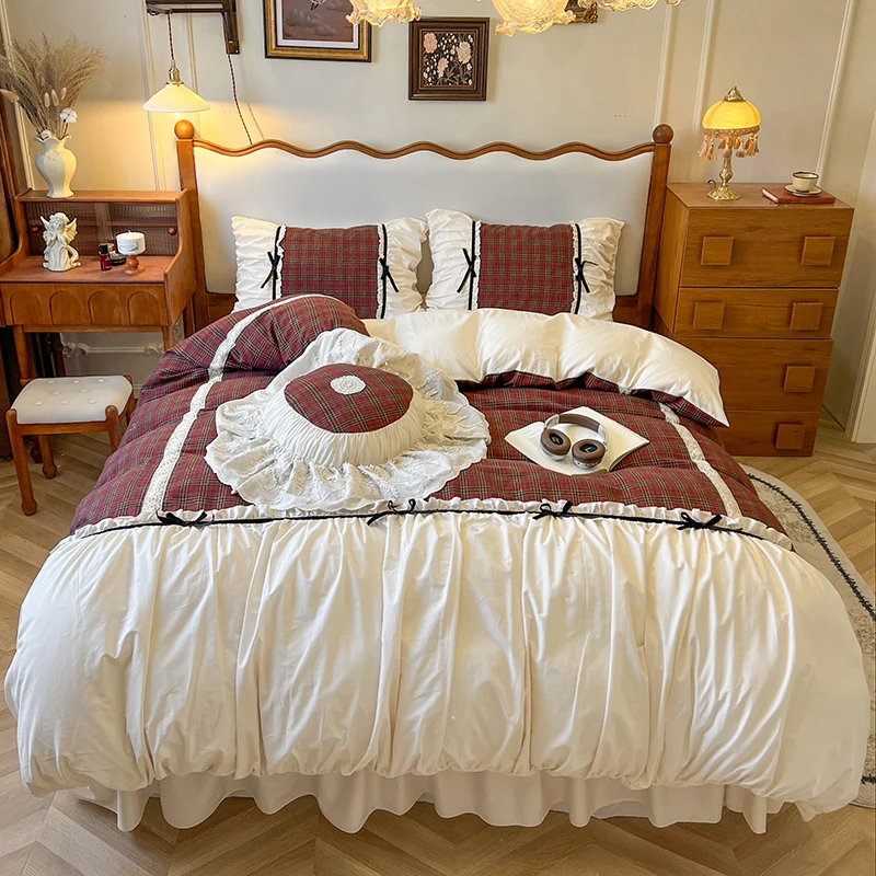 法式复古高级感全棉床上四件套公主风纯棉格子被套床裙少女心床品