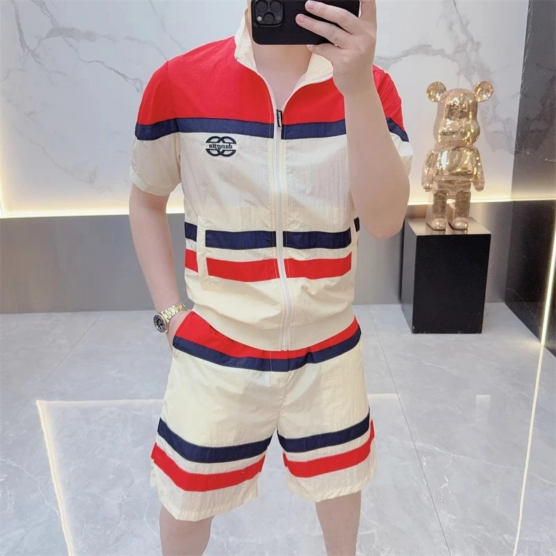 欧货轻奢夏季高品质短袖T恤男拉链套装时尚百搭短裤条纹两件套潮