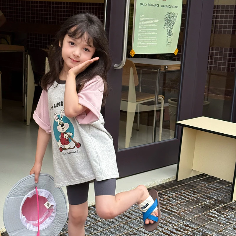 【断码清！】儿童宽松插肩短袖夏中大小女童休闲撞色T恤25D205