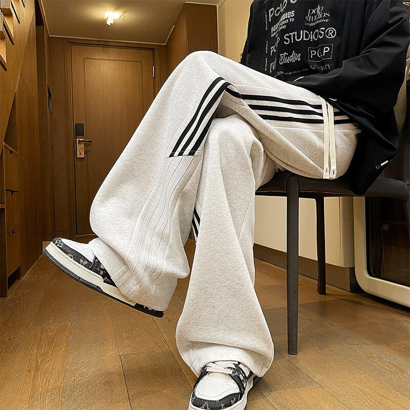 条纹织带休闲裤男生春季垂感宽松阔腿裤直筒卫裤运动休闲长裤