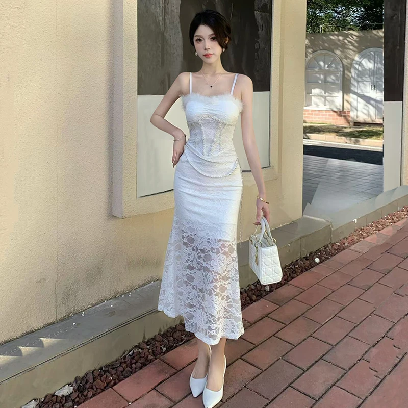 辣妹2025夏季高级感气质显瘦性感纯欲无袖吊带中长款蕾丝连衣裙