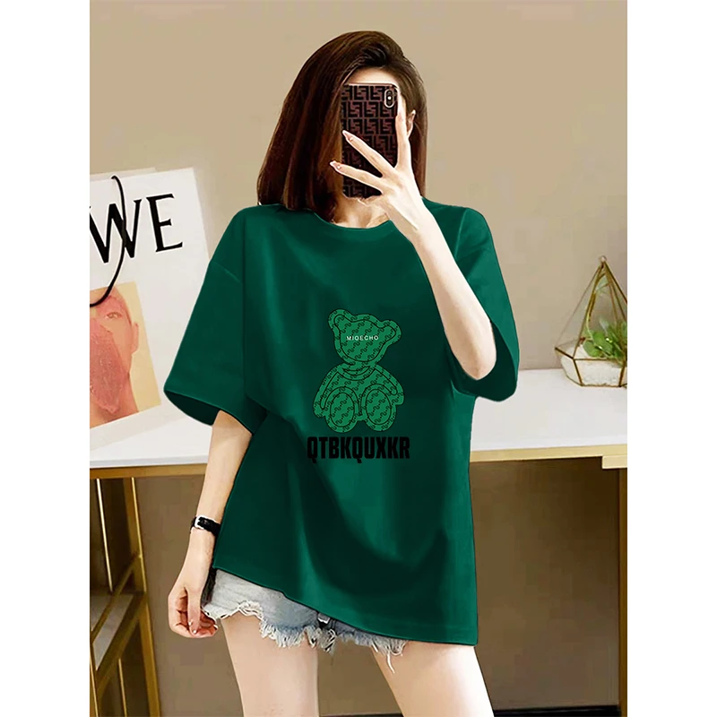 卡通印花夏季大码女装纯棉透气百搭休闲圆领短袖墨绿色纯色t恤