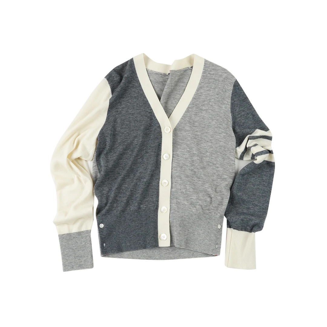 FAIRFAFO林肉肉【高级灰拼色毛衣开衫】DJ24MY001撞色休闲拼色开衫