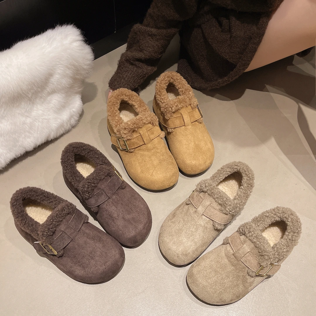 日式休闲风潮流百搭简约毛毛鞋加绒加厚复古勃肯鞋时尚通勤棉鞋女