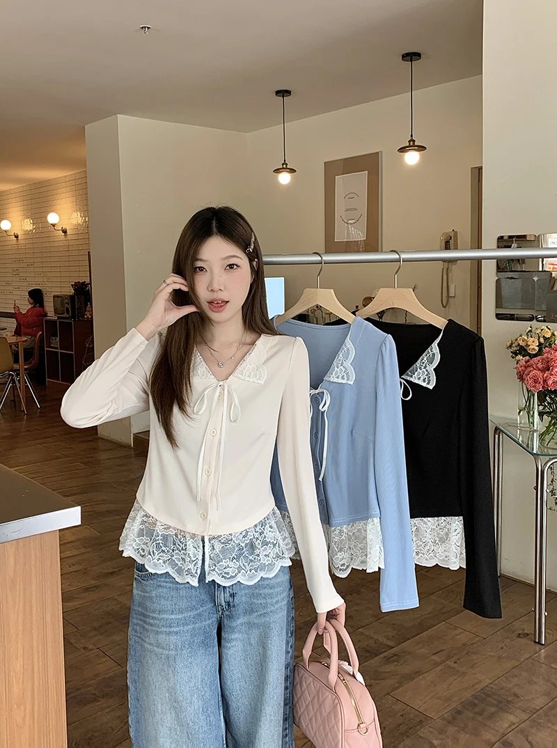 2025秋装新款胖mm大码女高级感假两件拼接蕾丝纯欲长袖上衣21449