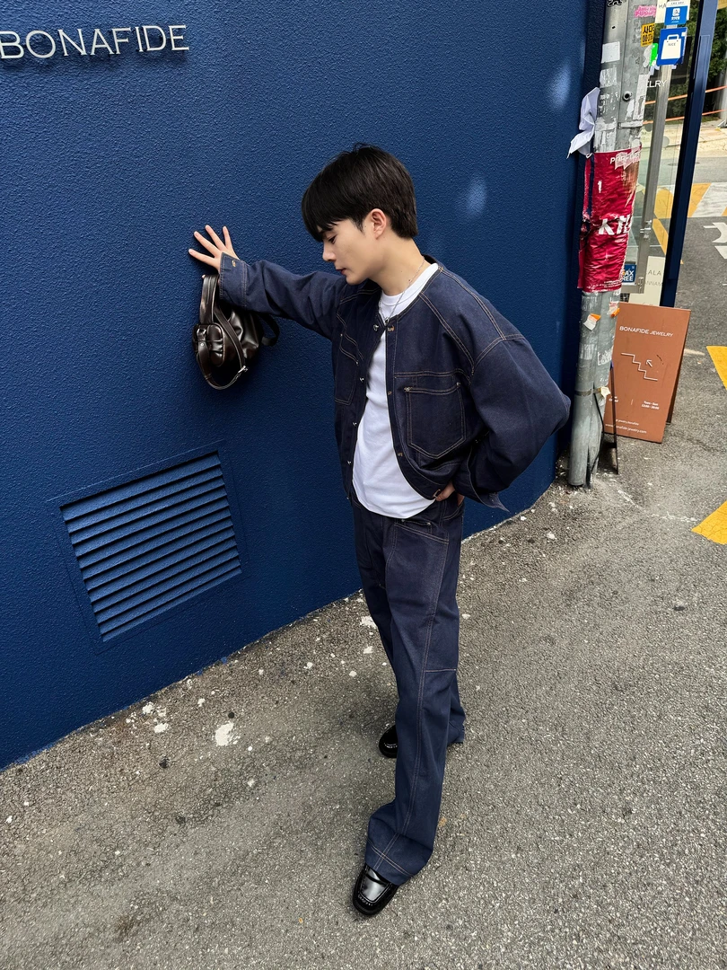 QIQI 25Suite秋季男士高级牛仔套装设计款圆领夹克外套