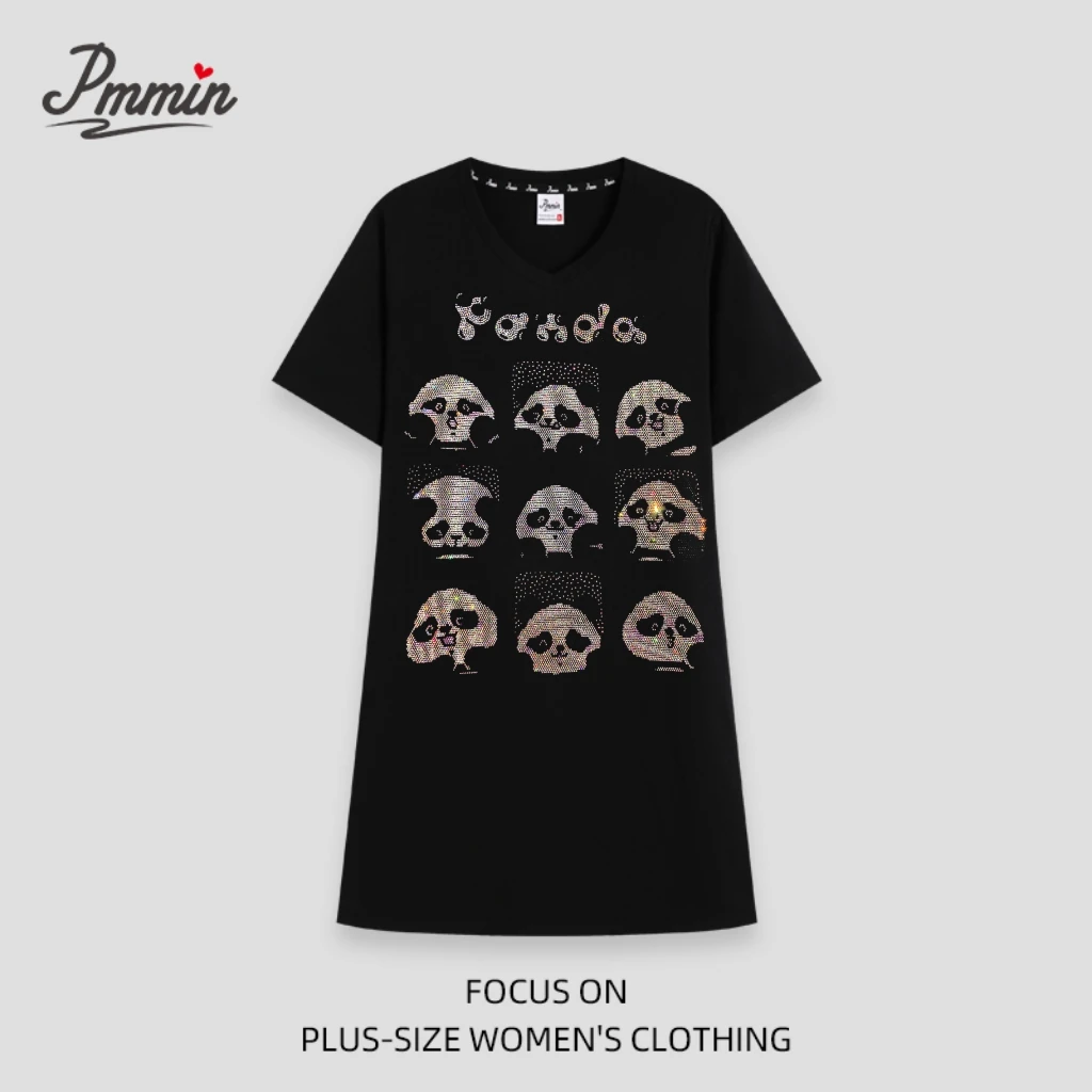 pmmin【九宫格熊猫】连衣裙女装大码设计潮牌烫钻V领