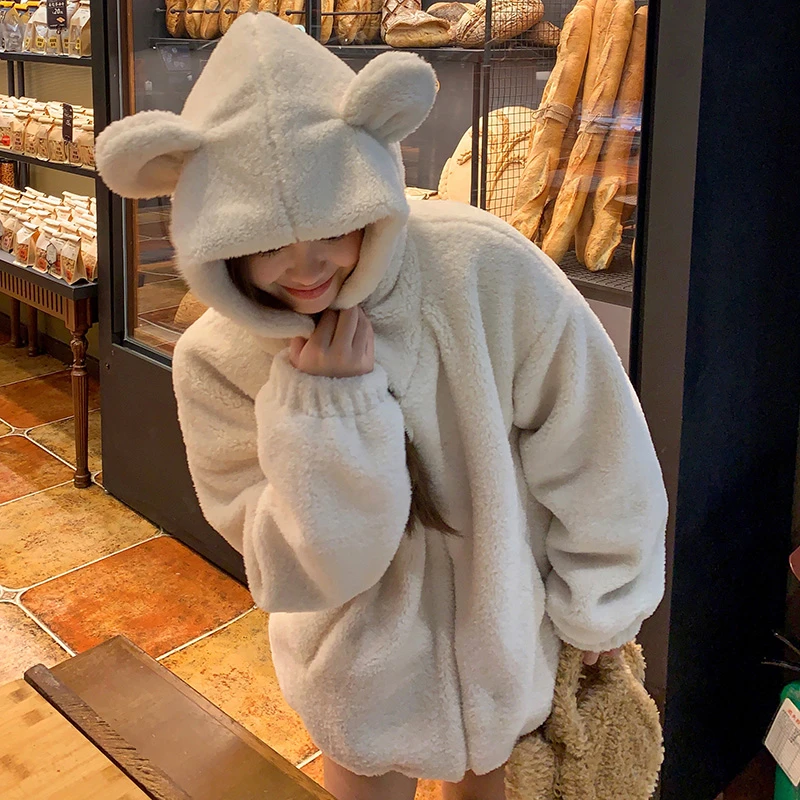 羊羔毛外套女冬季夹棉保暖可爱小熊耳朵连帽韩系毛绒绒冬装棉服
