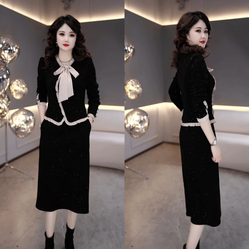 2025年春季时尚洋气收腰遮肚显瘦加厚中长款假两件连衣裙M-4XL